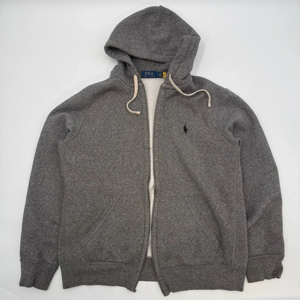Polo Ralph Lauren Mens Size Large Full Zip Hoodie Grey Heathered Pony Logo